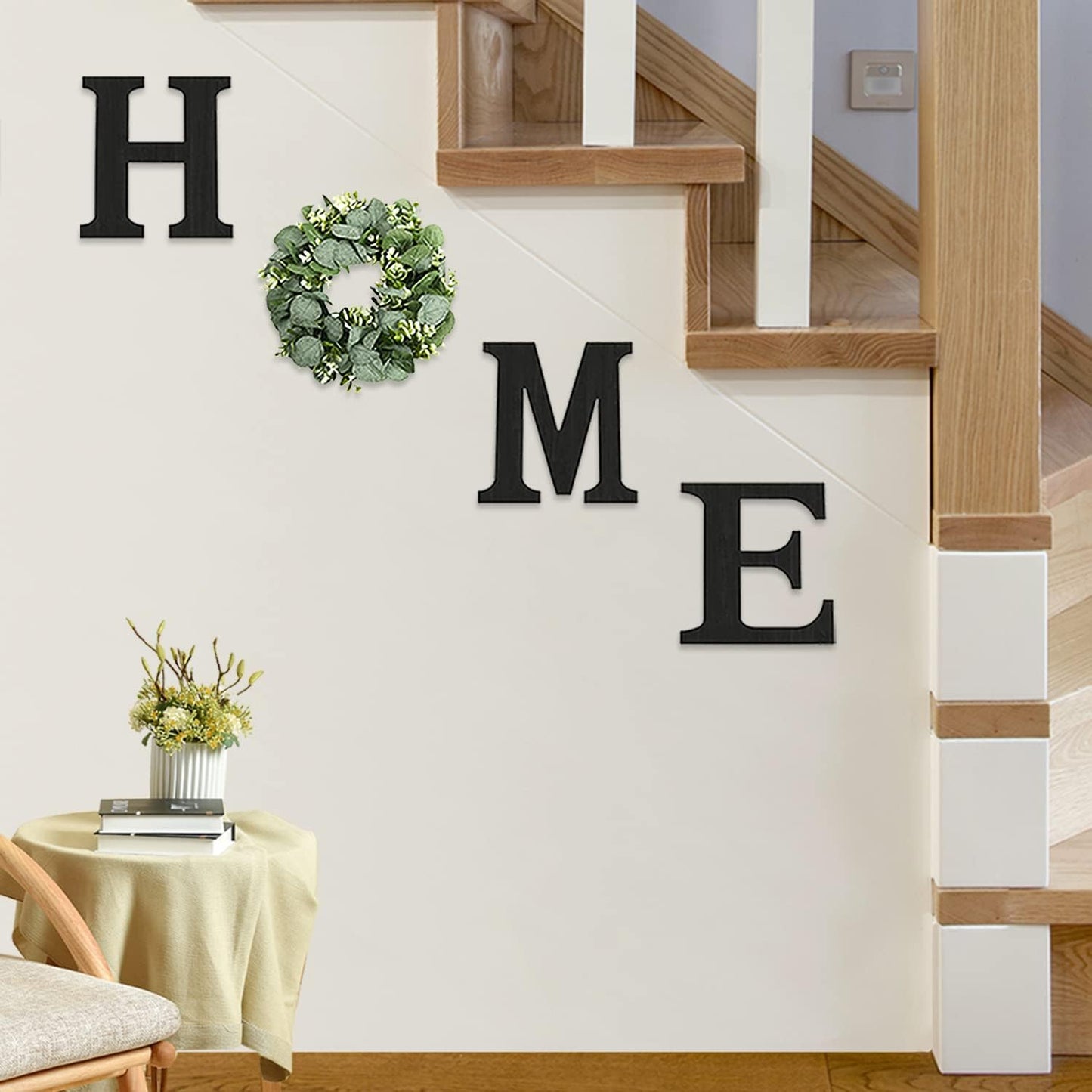 Pinkpum Wood Home Sign with Artificial Eucalyptus Wreath for O, Hanging Farmhouse Wall House Decor Wood Letters for Wall Art Rustic Home Decor, Wall Decor for Living Room Kitchen Entryway (Black)