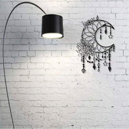 SYDERWE Metal Wall Art, Matte Black Moon Phase Decor, Celestial Bedroom Decor with Floral and Hanging Stars, Indoor & Outdoor