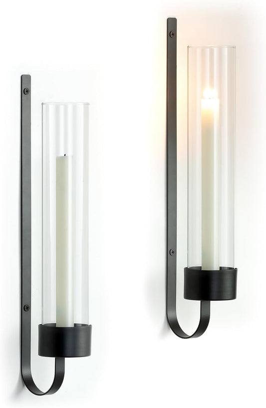 Sziqiqi Black Wall Candle Holders: Metal Candle Sconces for Taper Set of 2 Modern Wall Mounted Candlestick Holder with Hurricane Glass for Living Dining Room Bedroom Bathroom Outdoor