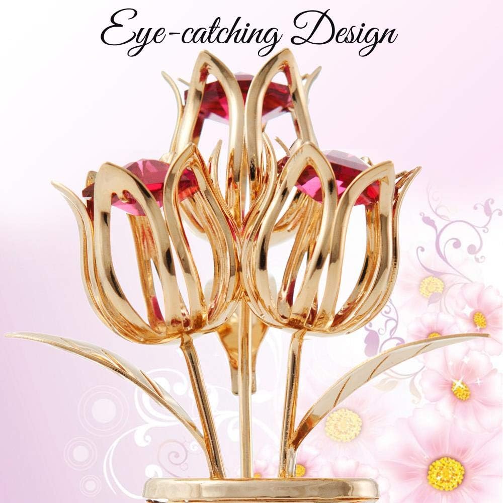 Matashi 24K Gold Plated Crystal Flower Figurine with Clear Crystals & Butterfly – Luxury Decorative Tulip Statue, Elegant Tabletop Home Décor, for Mother's Day, Valentine's Day, Christmas