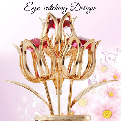 Matashi 24K Gold Plated Crystal Flower Figurine with Clear Crystals & Butterfly – Luxury Decorative Tulip Statue, Elegant Tabletop Home Décor, for Mother's Day, Valentine's Day, Christmas