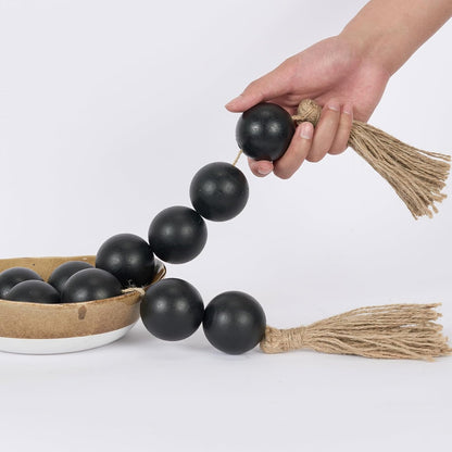 OMISHE Extra Large Wood Bead Garland with 2" Diameter Wooden Beads, 25.5" Long Rustic Farmhouse Decorative Wooden Beads Garland with Tassels, Boho Decorations for Home Table Mantle, Black