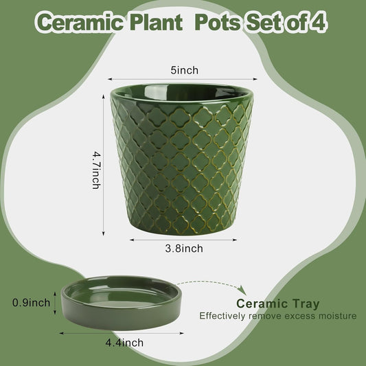 EFISPSS Flower Planter –5 inch Ceramic Plant Pots with Drainage Hole and Ceramic Tray - Gardening Home Desktop Office Windowsill Decoration Gift Set of 4 - Plants NOT Included