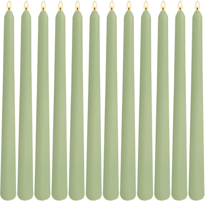 12-Pack Olive Green Taper Candles, 10 Inch Unscented Dripless Candlesticks, Long-Lasting Burn Time of 7-8 Hours, Perfect for Christmas Home Décor Spring and St. Patrick's Day
