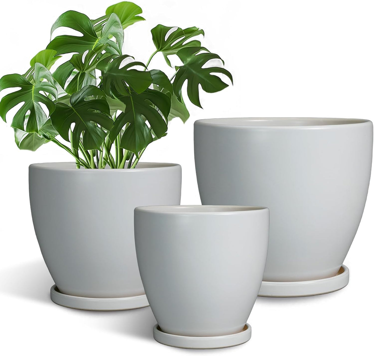 Plant Pots Indoor, Ceramic Planters Pots with Drainage Holes and Saucers, 10+8+6 Inch, Set of 3, Round Large Flower Pots for Indoor Outdoor Plants, Blue