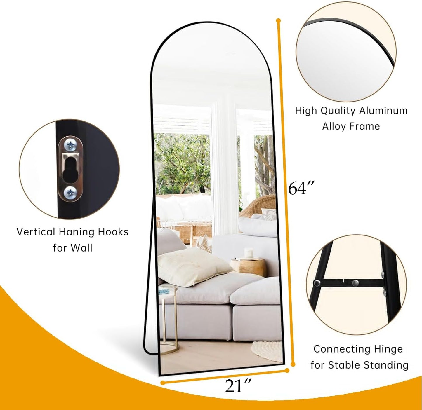 Dewfig Arched Full Length Mirror, 76"x34" Large Floor Mirror, Full Body Mirrors for Leaning or Hanging, Standing Mirrors for Bedroom, Living Room,Dressing Room, Aluminum Alloy Frame, Black