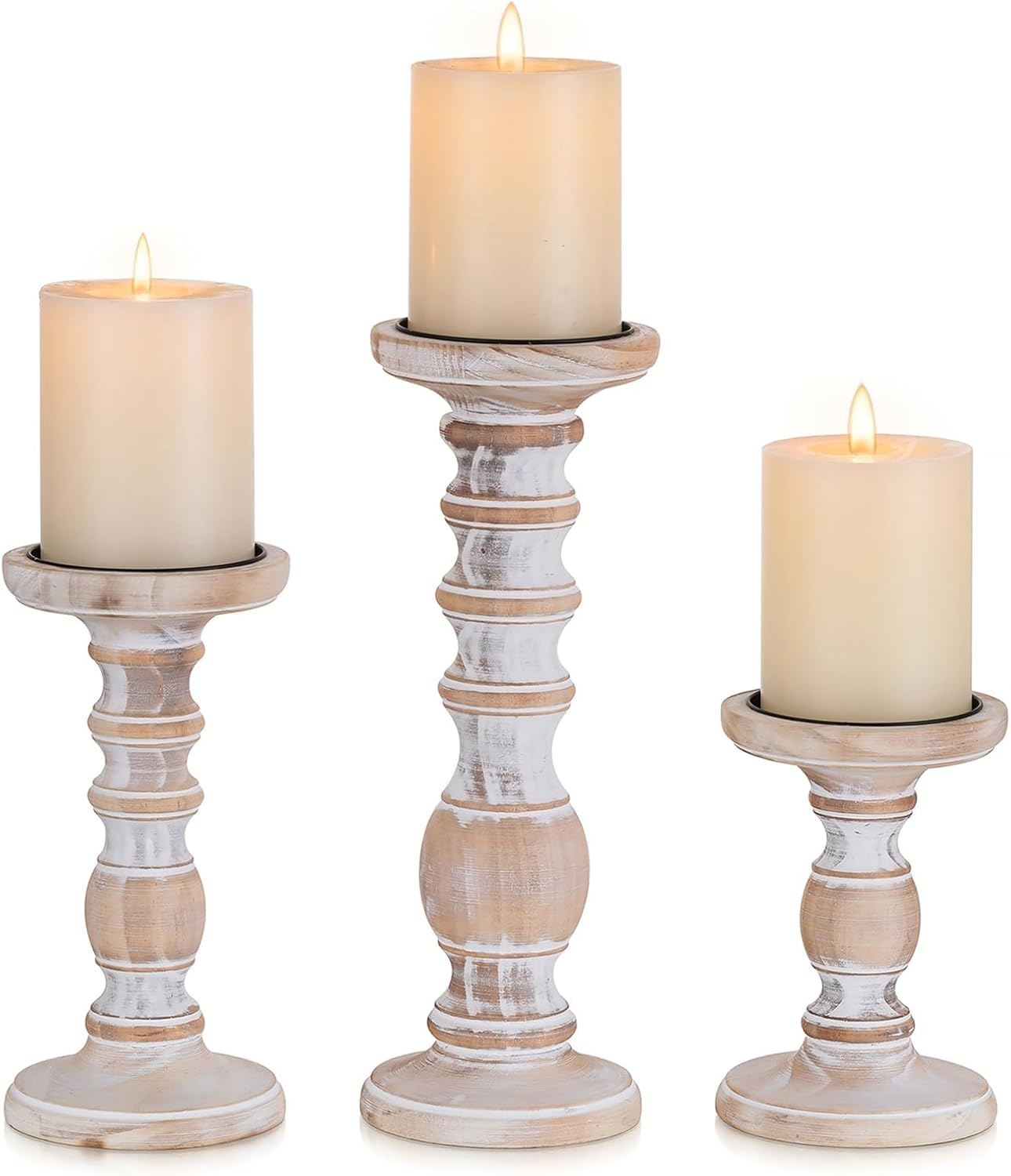 Wood Pillar Candle Holder: 3Pcs Rustic White Candle Holders for Pillar Candles Wood Candle Holders Distressed Wooden Farmhouse Candle Holder Large Rustic Candle Holder for Fireplace Table