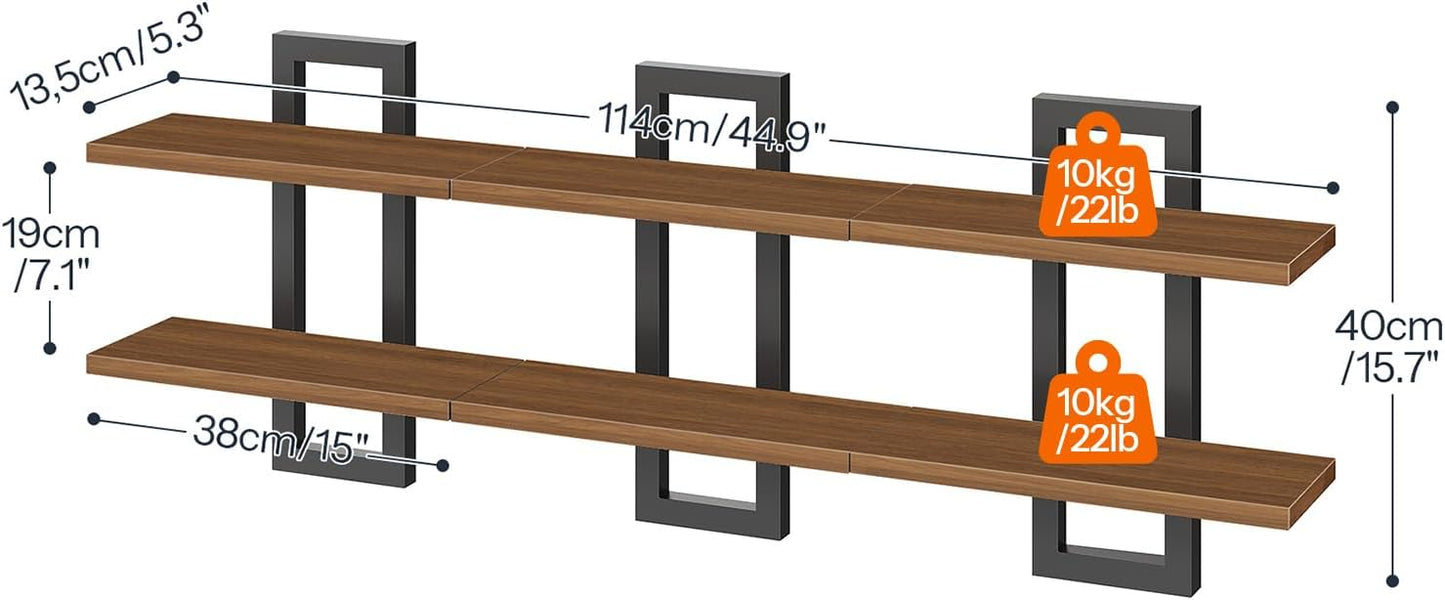 HOOBRO Floating Shelves, 15 Inch Wall Shelf Set of 2, Wall Mounted Storage Shelves 2-Tier, Hanging Bathroom Shelves, for Living Room, Bedroom, Bathroom, Kitchen, Rustic Brown and Black BF32BJ01G1
