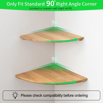 Corner Shelves, Floating Corner Shelf, Set of 2 7inch Solid Oak Wood Wall Shelves, Round End Wall Mount with Wire Hole Shelving for Small Plant for Bedroom Kitchen, Living Room
