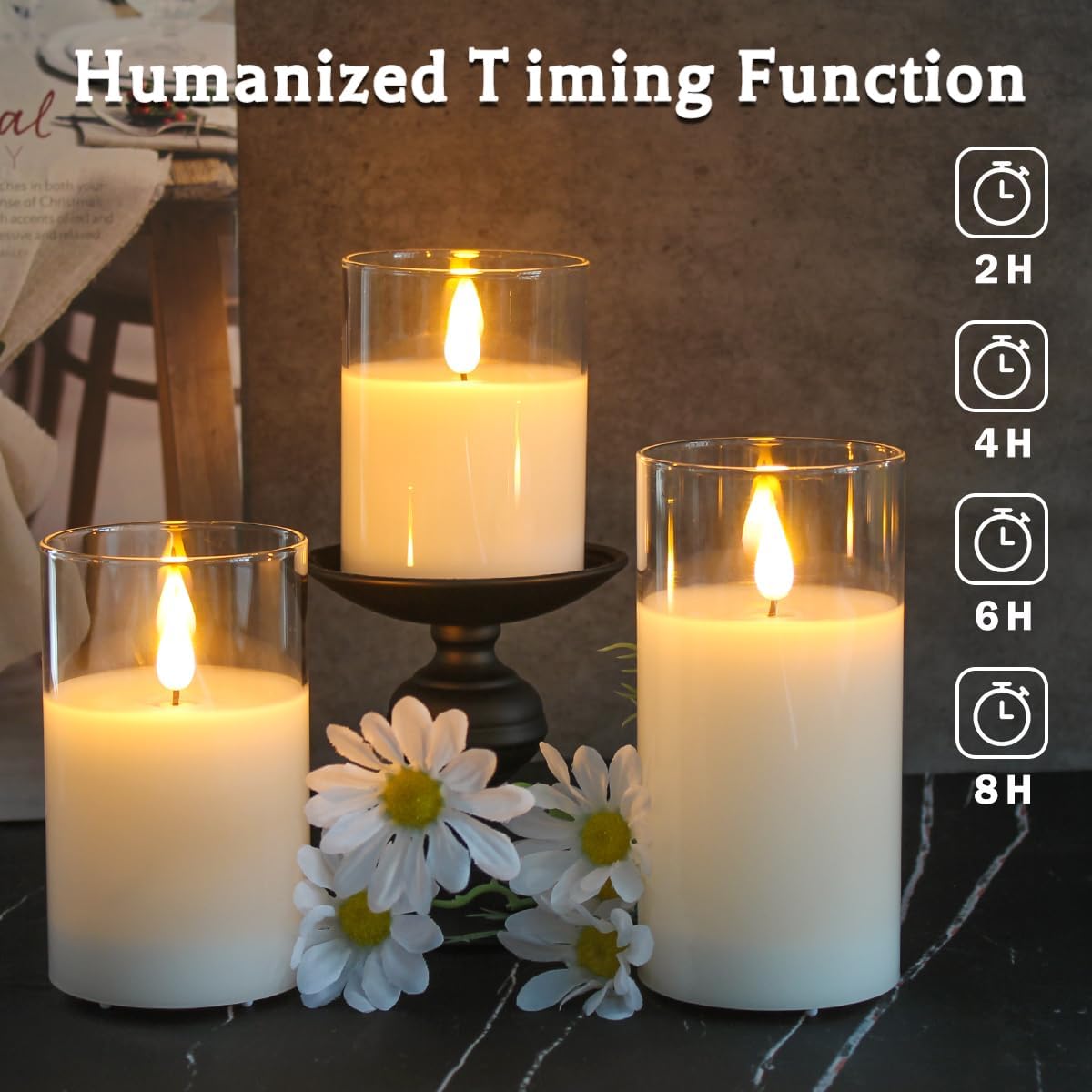 Rechargeable Flameless Glass Pillar Candles–Gifts for Women,–Set of 3, Realistic Flickering LED Light,Remote & Timer, Ideal for Living Room, Bedroom & Festival Wedding Home Party Decor