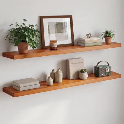 Homeforia 24 inch Natural Floating Shelf, High End Solid Real Wood 24inch Small Floating Shelves for Wall Mounted, Natural Wooden Floating Shelves, Heavy Duty Bracket, 24 X 6.5 X 1.75 in, Set of 2