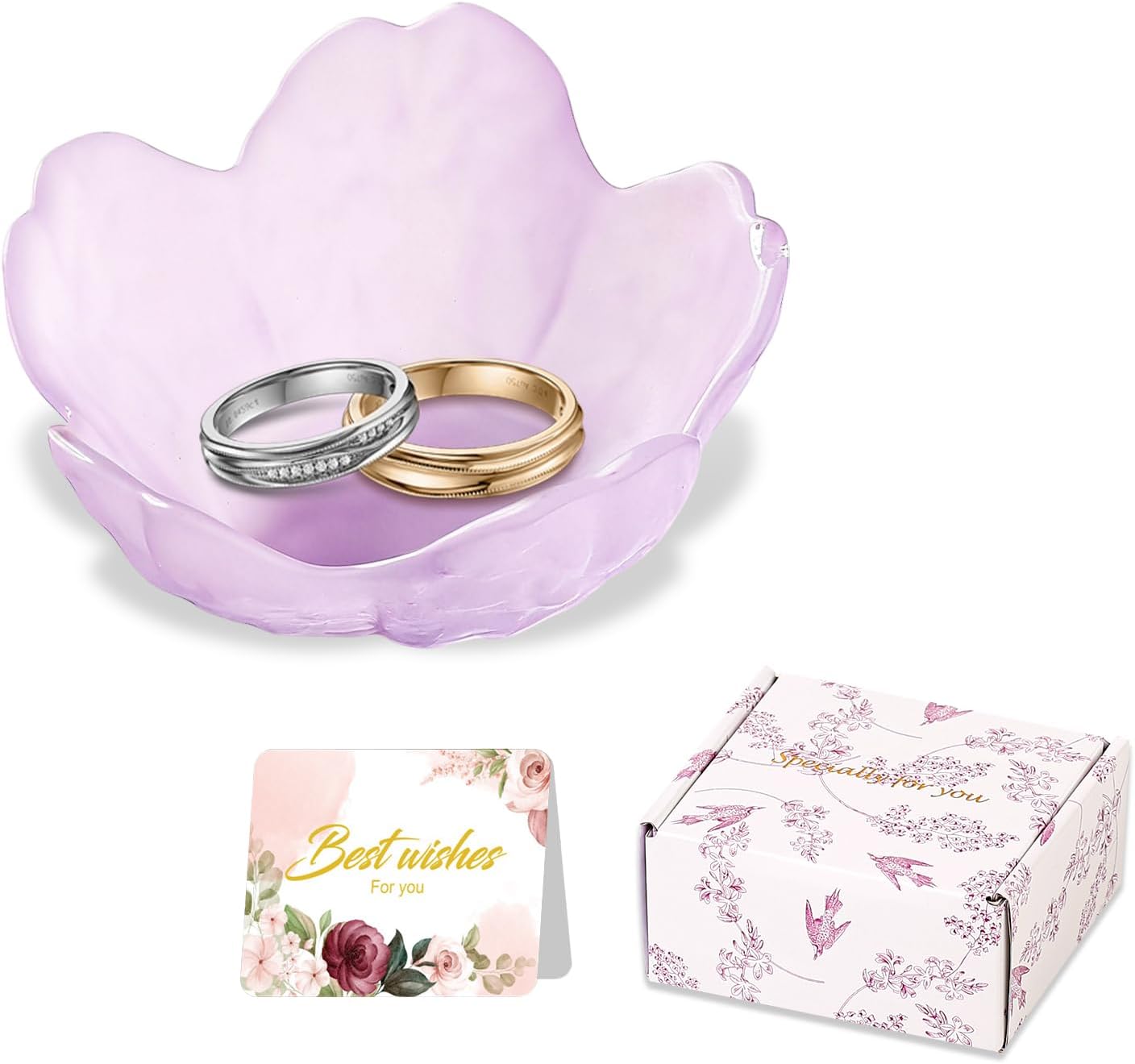 Purple Flower Jewelry Dish Glass Ring Holder Dish Jewelry Tray Cute Vanity Organizer Aesthetic Nightstand Bathroom Room Decor Trinket Dish Mothers Day Friendship Christmas Birthday Gifts for Women