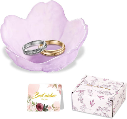Purple Flower Jewelry Dish Glass Ring Holder Dish Jewelry Tray Cute Vanity Organizer Aesthetic Nightstand Bathroom Room Decor Trinket Dish Mothers Day Friendship Christmas Birthday Gifts for Women