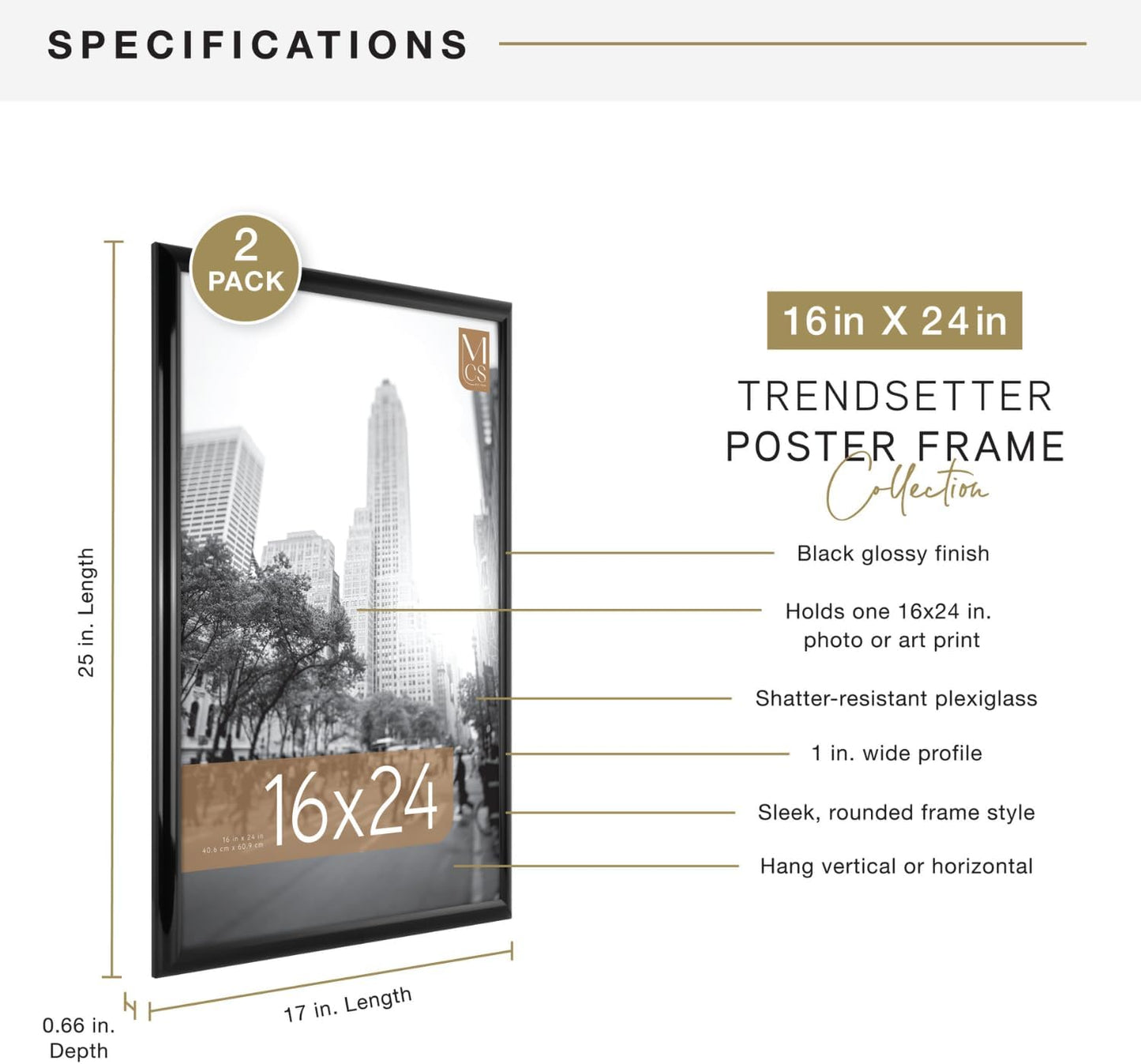 MCS Trendsetter 24x36 Poster Frame Black High-Gloss, Vertical & Horizontal Wall Hanging Large Picture Frame for Photos, Posters & Art Prints (1-Pack)