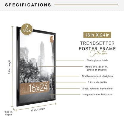 MCS Trendsetter 24x36 Poster Frame Black High-Gloss, Vertical & Horizontal Wall Hanging Large Picture Frame for Photos, Posters & Art Prints (1-Pack)