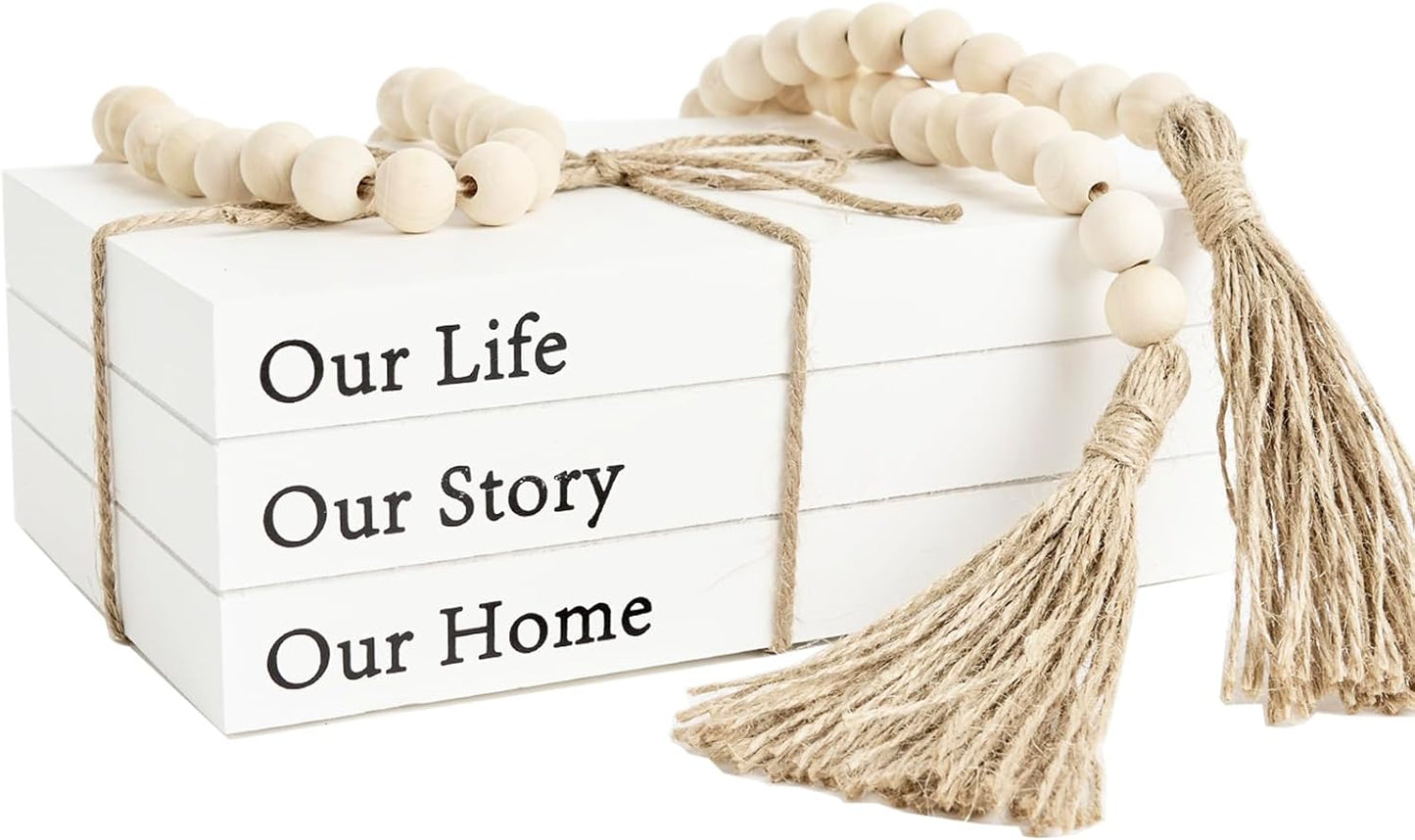 Decorative Books for Home Decor, White Faux Books for Decoration, Rustic Farmhouse Stacked Display Books with 52in Wood Bead Garland for Coffee Tables Living Room (TAKE TIME to DO)