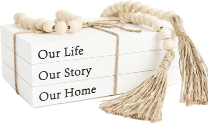 Decorative Books for Home Decor, White Faux Books for Decoration, Rustic Farmhouse Stacked Display Books with 52in Wood Bead Garland for Coffee Tables Living Room (TAKE TIME to DO)
