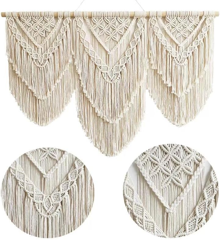 oiikain Large Handmade Boho Macrame Wall Hanging Tapestry - Chic Bohemian Woven Home Decor art for Living Room, Bedroom, and Wedding Parties (Beige, twelve rhombus)