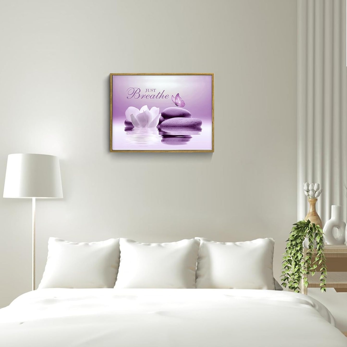 EOBTAIN Zen Flower Canvas Wall Art Bathroom Butterfly and Water Lily Stone Relaxing Spiritual Yoga Framed Wall Art Just Breathe Pictures Canvas Wall Decor for Living Room Bedroom,12x16 Inches