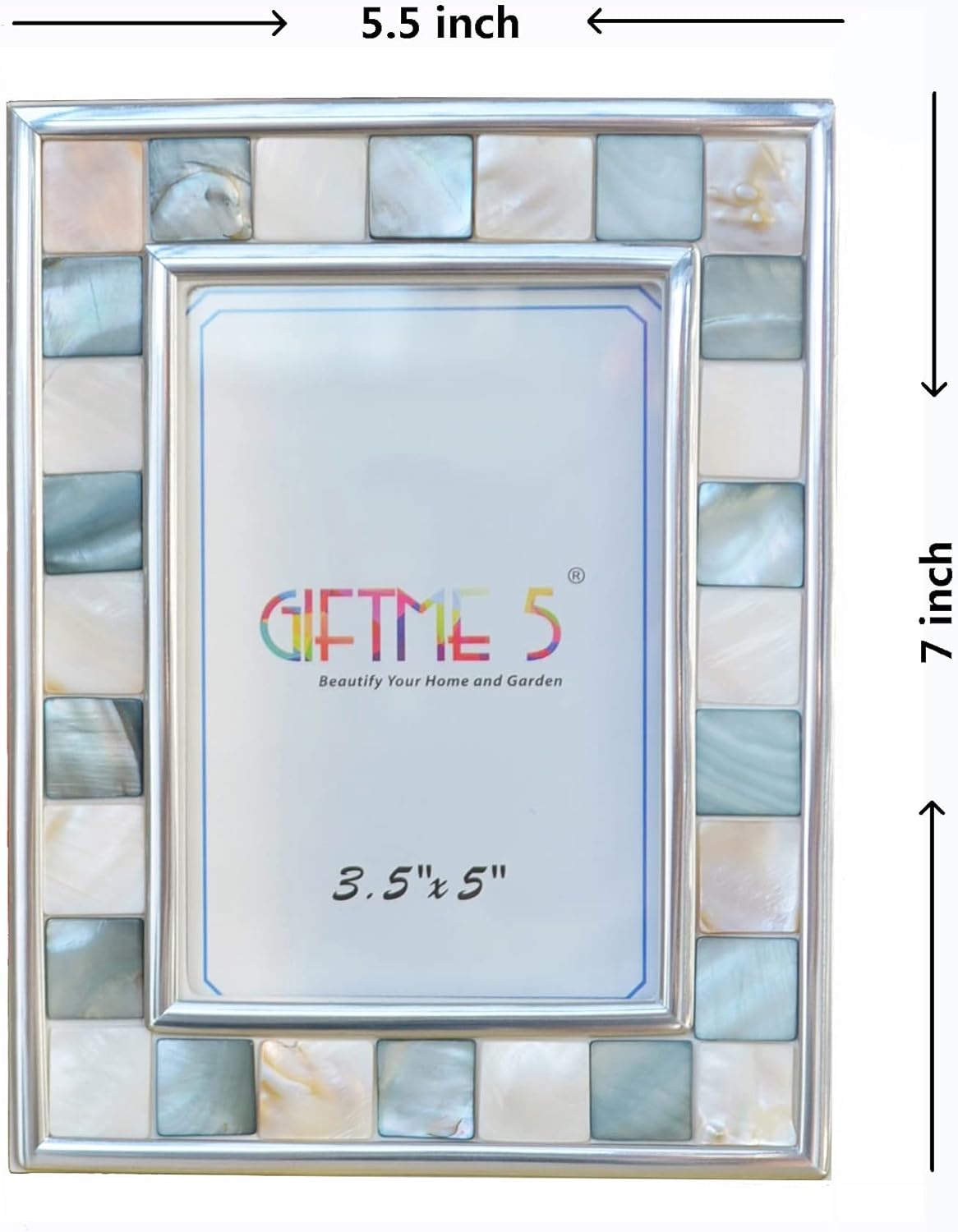 Silver Plate Picture Frame 5x7 Mother of Pearl 5 by 7 Photo Frame Mosaic Glass Tabletop Frame (Grey+ White,1pc)