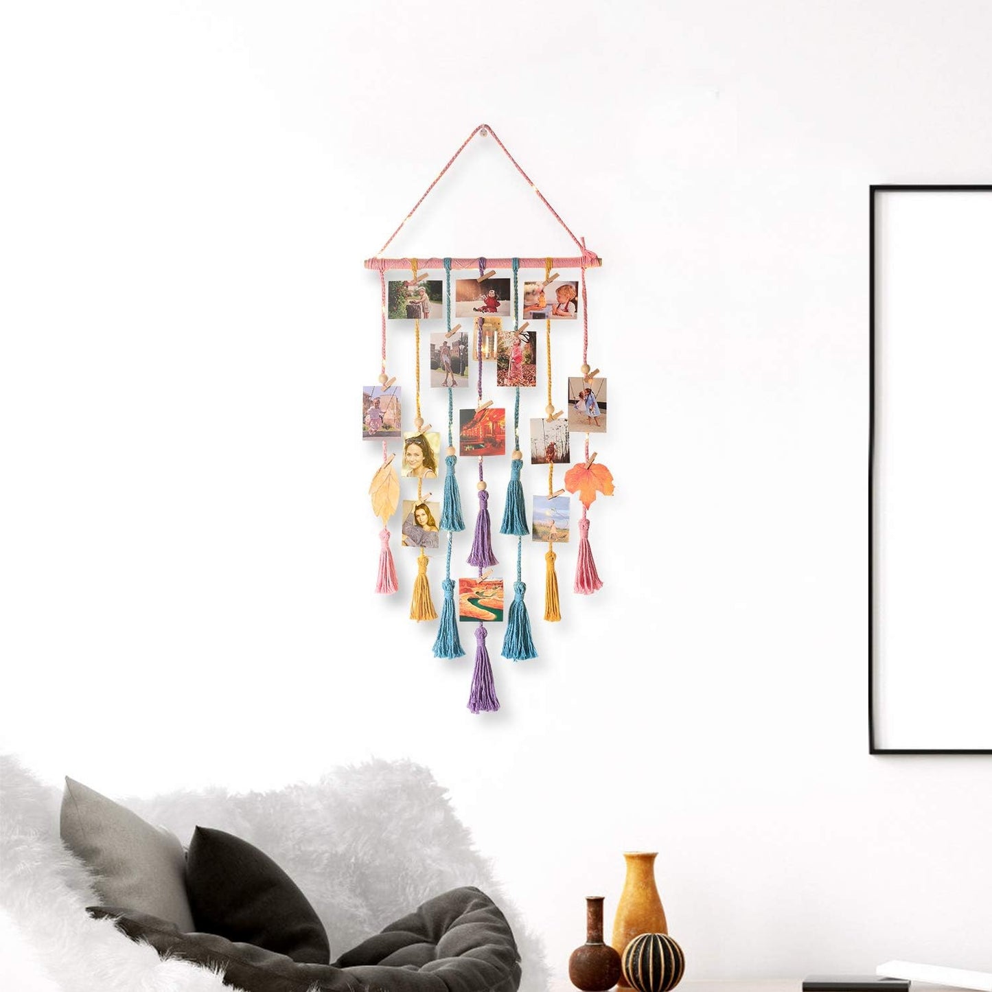 Homecor Hanging Photo Display Wall Decor, Macrame Wall Hanging Boho Room Bedroom Decor, Picture Frame Collage Board with Light 30 Clip, Christmas Teenage Teen Girl Gifts Ages 10 11 12 13 14 Years Old