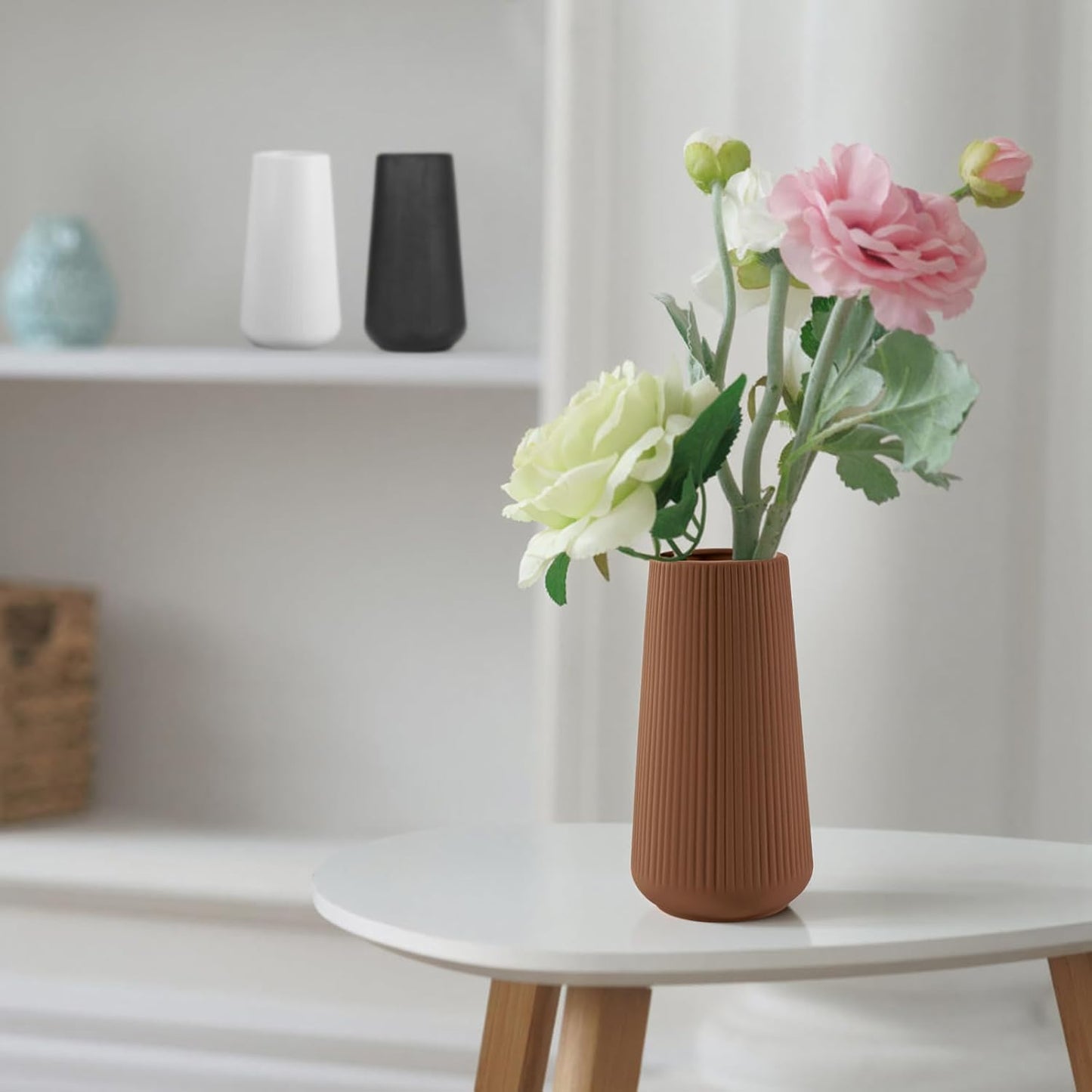 White Ceramic Vase, GUKJOB Small Cute Flower Vase for Pampas Grass, Home, Living Room, Dining Table, Farmhouse, Office Decor, Bedroom, Table, and Kitchen Shelf (White)