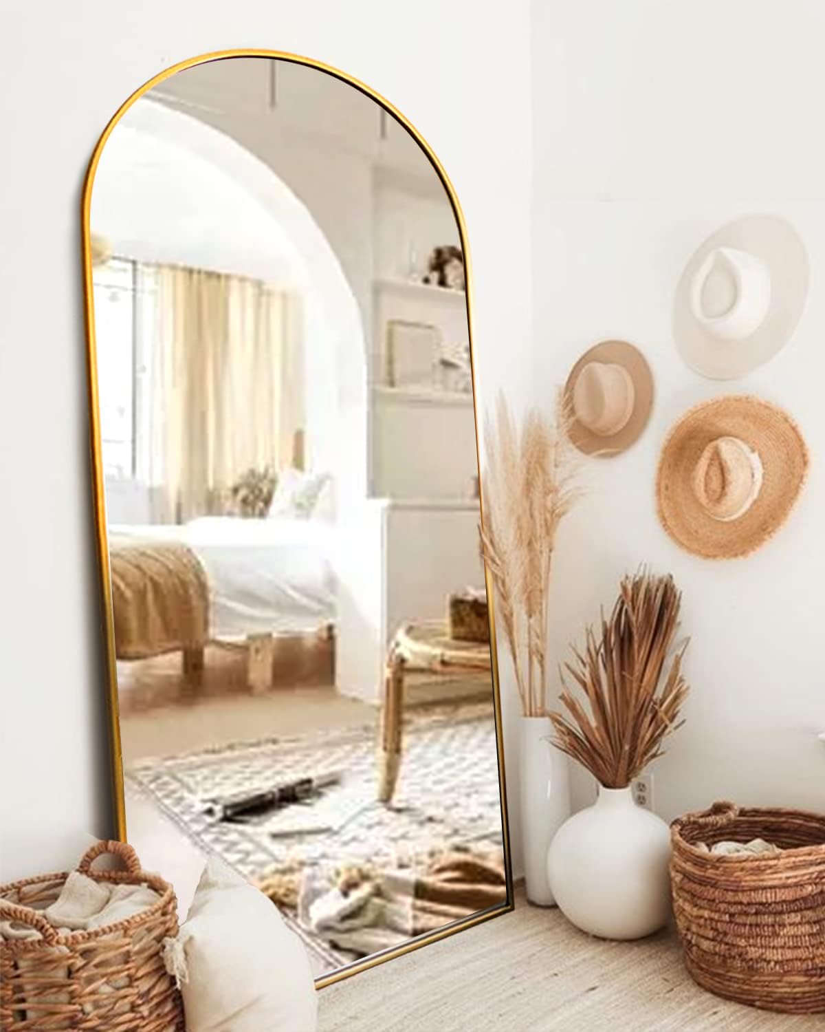 ITSRG Floor Mirror, Full Length Mirror with Stand, Arched Wall Mirror, Gold Floor Mirror Freestanding, Wall Mounted Mirror for Bedroom Living Room, Gold