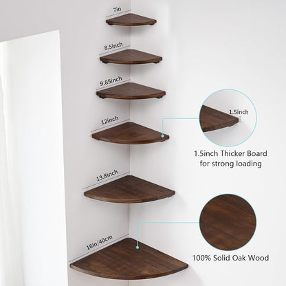Corner Shelves, Floating Corner Shelf, Set of 2 7inch Solid Oak Wood Wall Shelves, Round End Wall Mount with Wire Hole Shelving for Small Plant for Bedroom Kitchen, Living Room