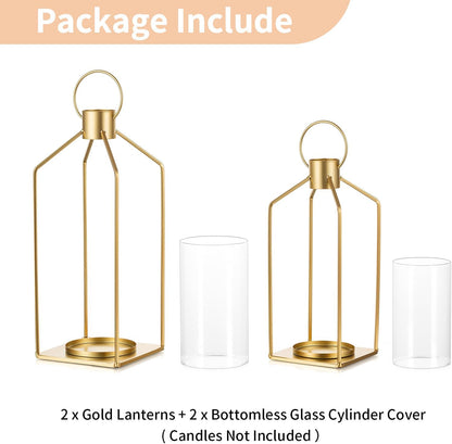 Nuptio Decorative Lantern Candle Holder: 2 Pcs Glass Hurricane Pillar Candles Holders Rustic Black Metal Hanging Lanterns Decor for Outdoor Wedding Farmhouse Home Fireplace Christmas Halloween