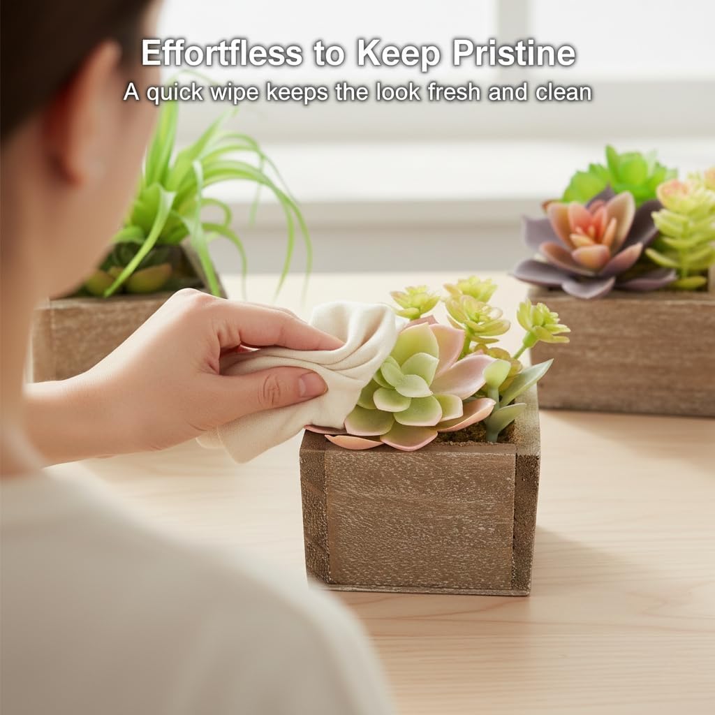 Succulent Plants Artificial, 3 Pack Small Fake Plants in Wood Pot for Home Decor, Farmhouse Artificial Plants Indoor for Living Room Bathroom Bedroom Office Kitchen Desk Wedding Coffee Table Decor