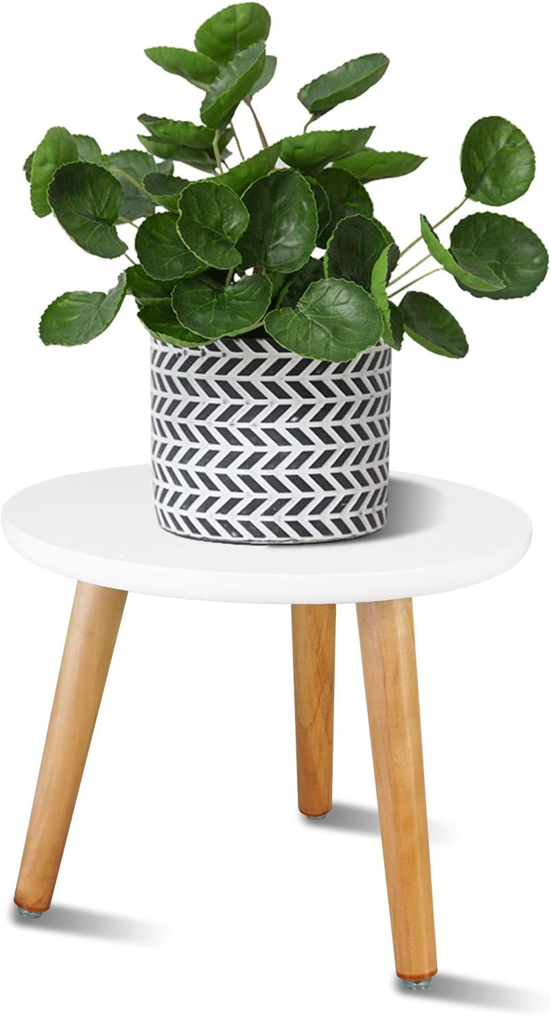 Uneedem Wood Mid Century Plant Stand for Indoor Plants, Modern Table, Tall Holder for Flower Pots, Small Round Side/End Table(A2 White, High: 16.5")