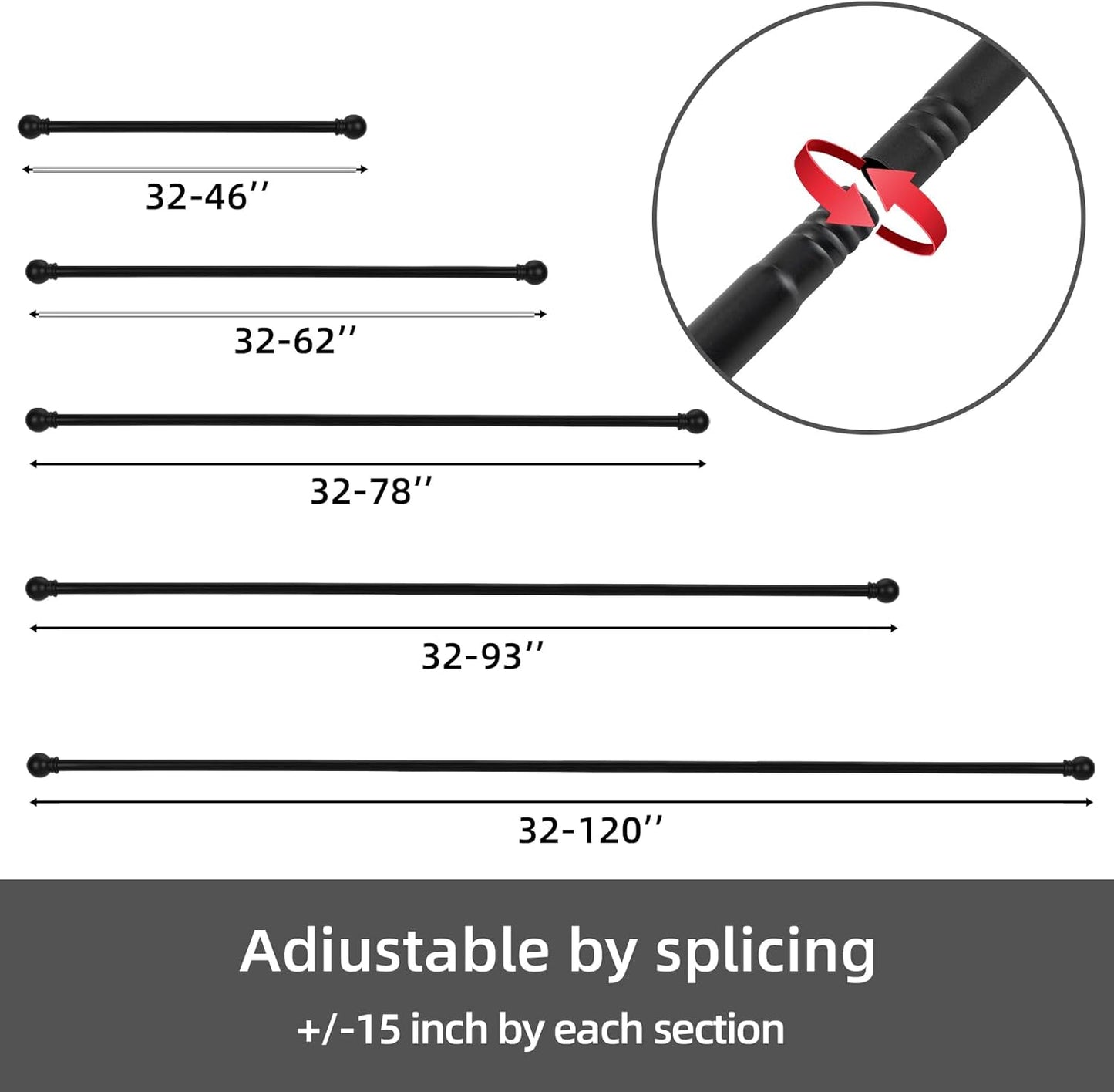 GXOACKJ Curtain Rods for windows 32-48 inch, 5/8 inch Decorative Curtain Rod Set, Matte Black Splicing Heavy Duty Metal Curtain Rod with Brackets
