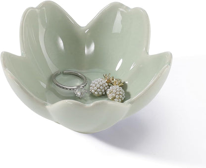 Pink Flower Ring Dish Holder,Jewelry Dish Tray,Small Trinket Tray,Jewelry Plate Bowl,Key Bowl,Decorative Plate,Mothers Day Birthday Gifts for Women Friends,Ceramic Kiln effect White