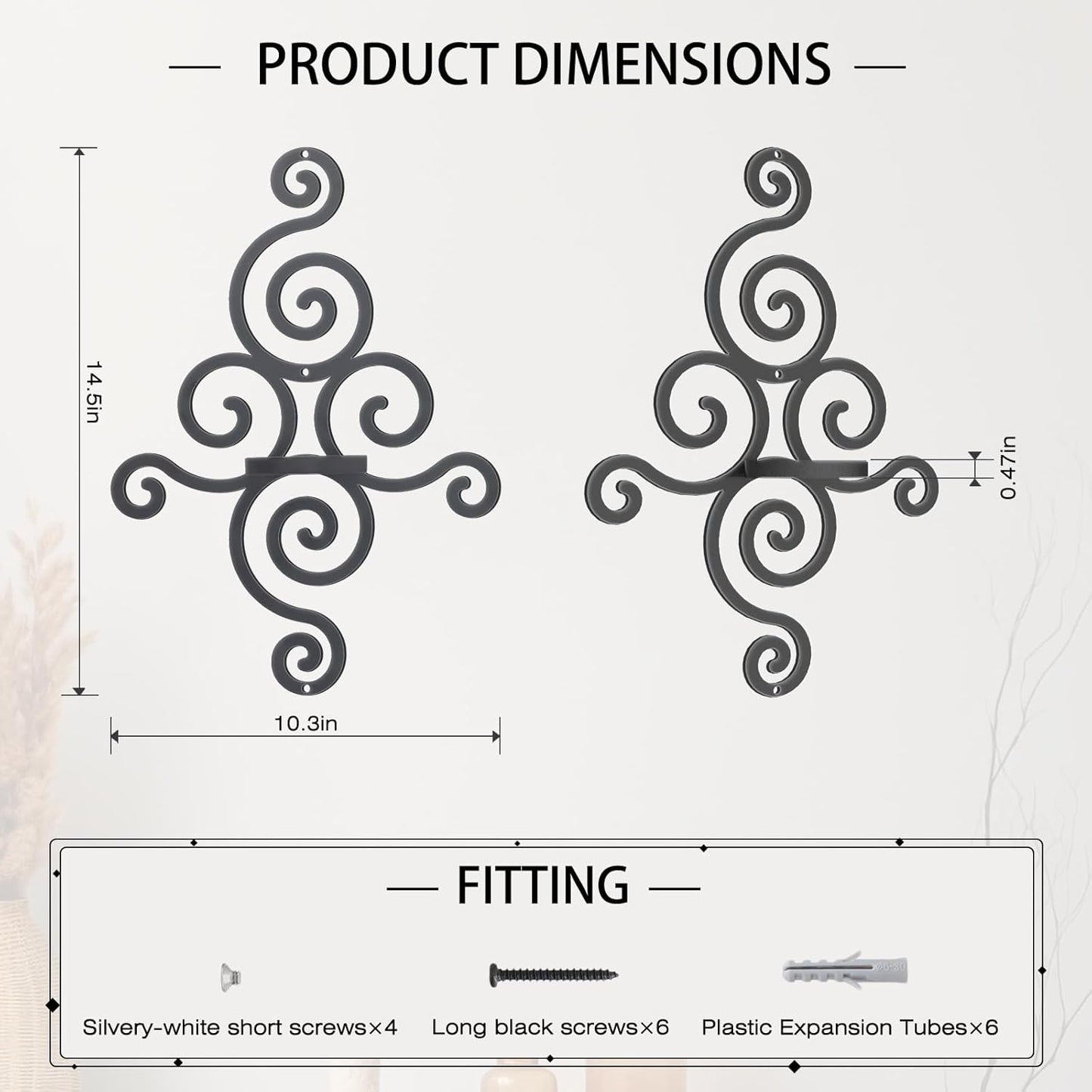 OYEFLY 2 Pcs Metal Wall Candle Sconces,Black Elegant Swirling Wall Decorations (Black)