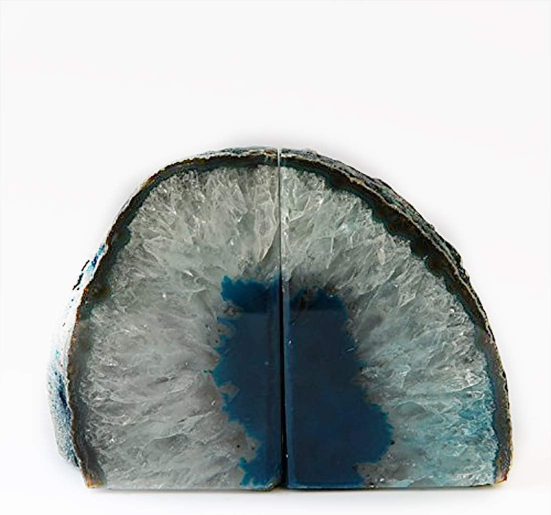 JIC Gem Dyed Blue Agate Bookends Geode Decorative Book Ends for Heavy Books with Rubber Bumpers for Office and Home Decoration Polished Small Size 2 to 3 Lbs