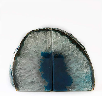 JIC Gem Dyed Blue Agate Bookends Geode Decorative Book Ends for Heavy Books with Rubber Bumpers for Office and Home Decoration Polished Small Size 2 to 3 Lbs