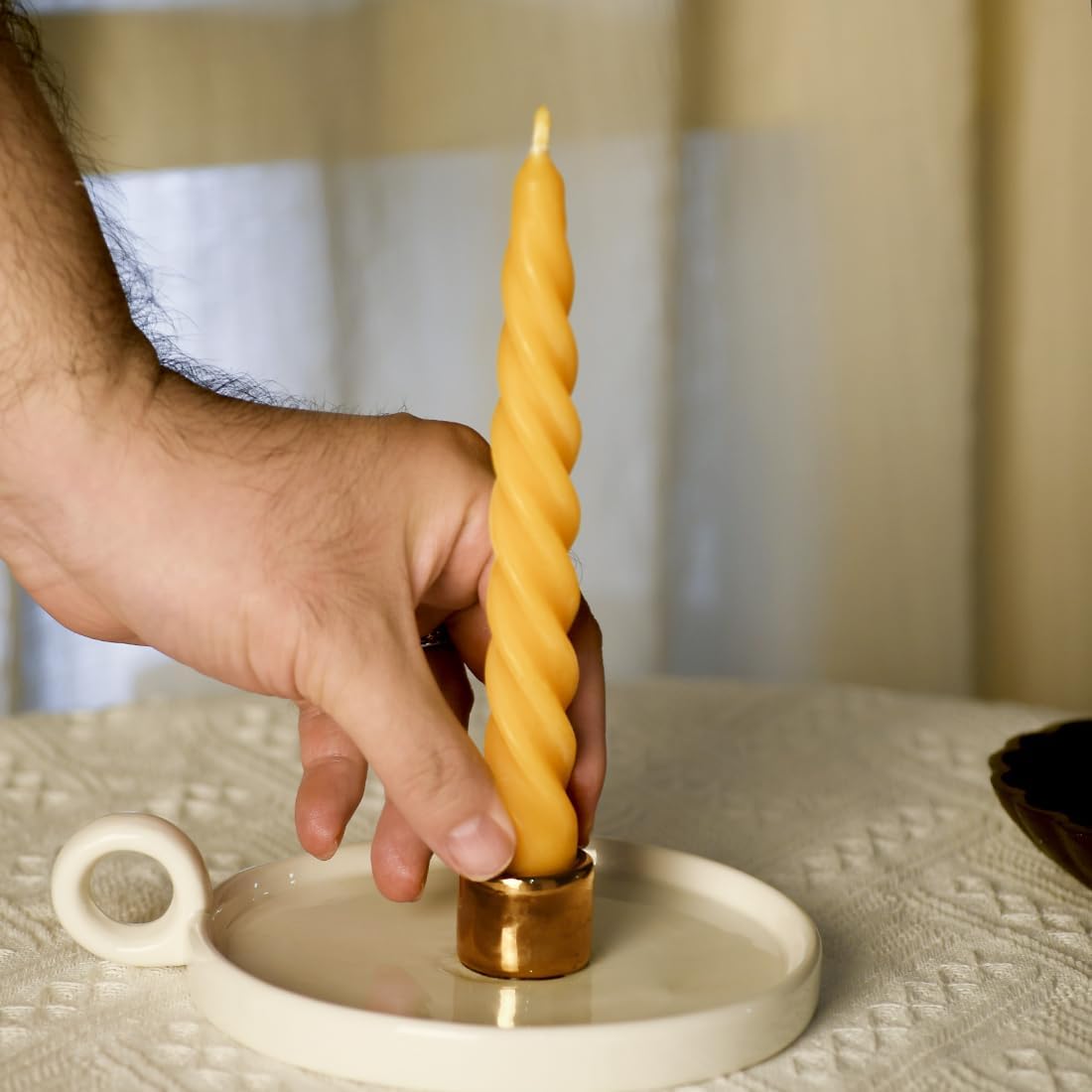 Beeswax Taper Candles Set of 4,Spiral Taper Candle Dripless Short Candle Sticks for Dinner Wedding Party Christmas Home Decorations - 7 inch in Height- Off White