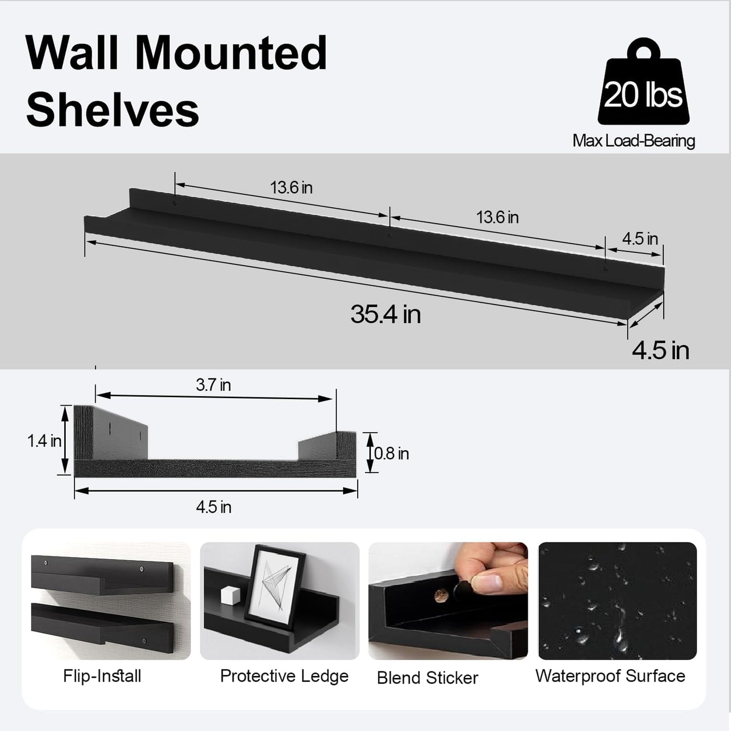 White Floating Shelves for Wall Decor, Wall Mounted Wood Storage Shelf for Bedroom, Living Room, Bathroom, Kitchen, Nursery, Display Picture Ledge Shelf with Lip Set of 2-14 Inches, White