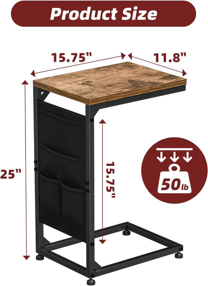 Simple Trending C Shaped End Table, TV Tray for Couch, Small Side Table with Metal Frame, for Living Room Bedroom, Rustic Brown