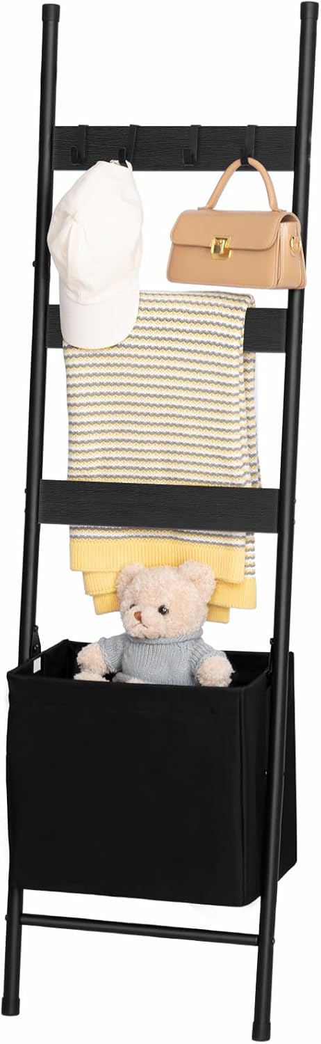 HOOBRO Blanket Ladder with Basket, 17.3”L x 63.4”H, Towel Rack with Hooks, Blanket Holder Rack, Decorative Ladder Shelf, Drying and Display Rack for Bathroom, Living Room, Rustic Brown BF31CJ01