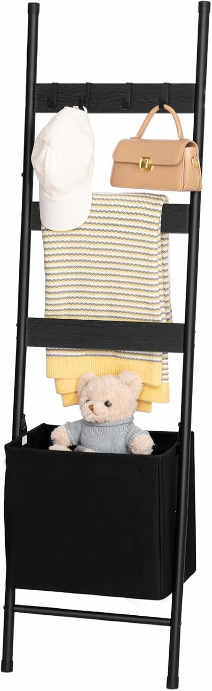 HOOBRO Blanket Ladder with Basket, 17.3”L x 63.4”H, Towel Rack with Hooks, Blanket Holder Rack, Decorative Ladder Shelf, Drying and Display Rack for Bathroom, Living Room, Rustic Brown BF31CJ01