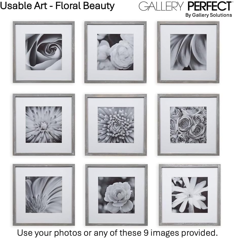 Gallery Perfect 12x12 Picture Frames, 9 Piece Set with Real Glass Cover for 8x8 Photos With Mat, Picture Frames Collage Wall Decor for Gallery Wall, Home Decor, Black