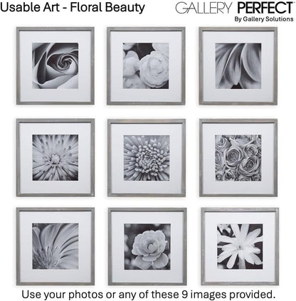 Gallery Perfect 12x12 Picture Frames, 9 Piece Set with Real Glass Cover for 8x8 Photos With Mat, Picture Frames Collage Wall Decor for Gallery Wall, Home Decor, Black