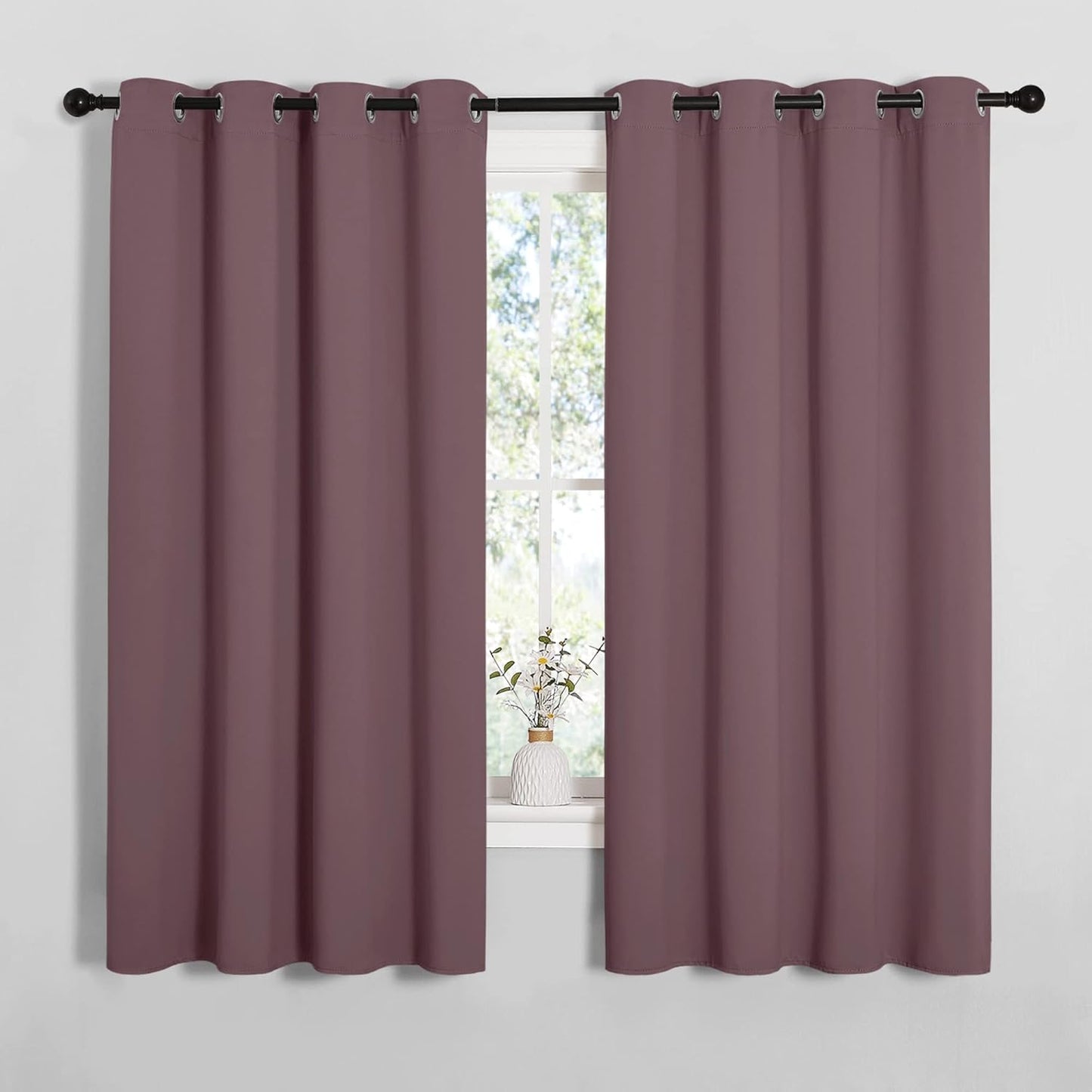 NICETOWN Halloween Pitch Black Solid Thermal Insulated Grommet Blackout Curtains/Drapes for Bedroom Window (2 Panels, 42 inches Wide by 63 inches Long, Black) - Colors E