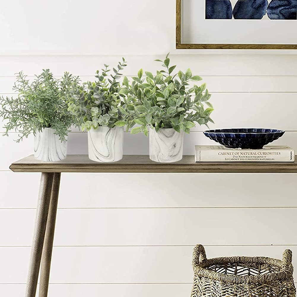 Hollyone Mini Artificial Potted Plants Fake Plants in Marble Pots, 1Pcs Plastic Eucalyptus Greenery Faux Plants for Home Office Desk Room Centerpiece Shelf Décor