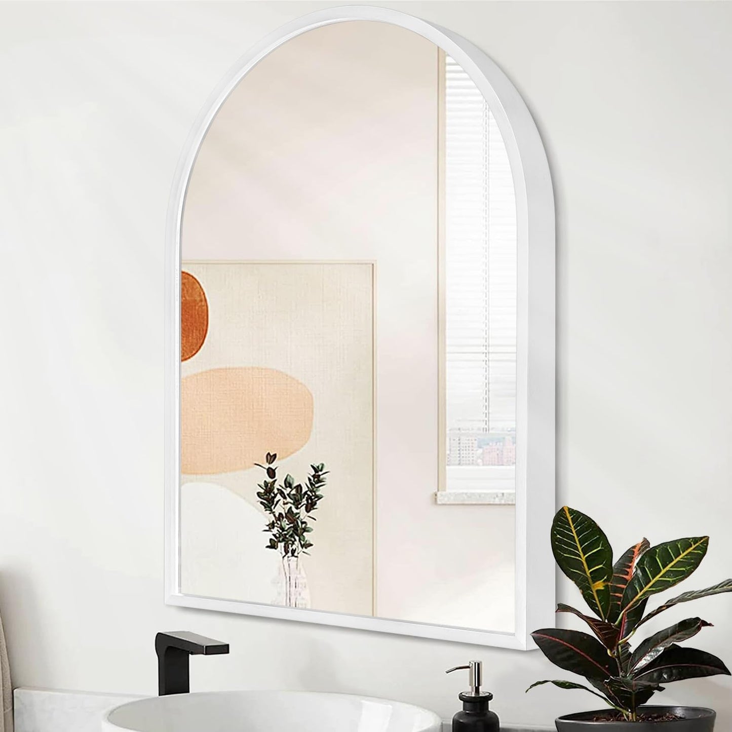 Black Arched Wall Mirror Aluminum Alloy Frame Bathroom Mirror Brushed Metal Vanity Wall Mounted Mirror for LivingRoom Bedroom Entryway Room Home Decor 16"x12"