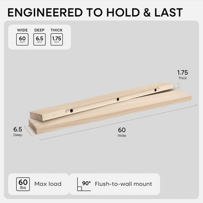 Homeforia 24 inch Natural Floating Shelf, High End Solid Real Wood 24inch Small Floating Shelves for Wall Mounted, Natural Wooden Floating Shelves, Heavy Duty Bracket, 24 X 6.5 X 1.75 in, Set of 2