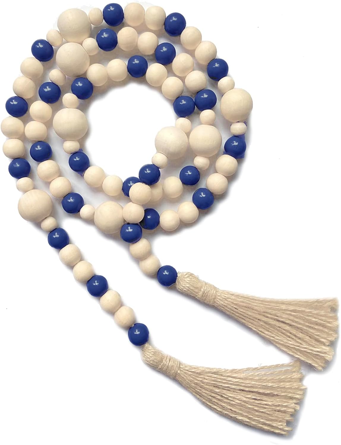 OMISHE Wood Bead Garland with Tassels 61 Inches, Boho Decorative Beads, Farmhouse Beads Garland for Home Tiered Tray Decor, Beige Gray