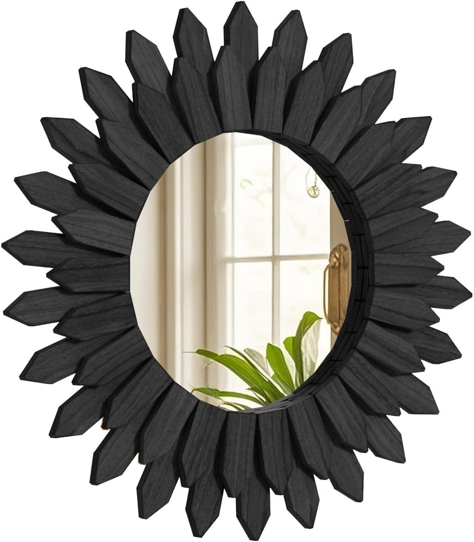 20 Inch Brown Boho Wall Decor Sunburst Mirror - Round Wooden Wall Decor, Handmade Rustic Circular Mirror for Living Room, Bedroom, Entryway, Office