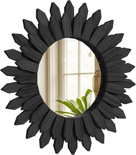 20 Inch Brown Boho Wall Decor Sunburst Mirror - Round Wooden Wall Decor, Handmade Rustic Circular Mirror for Living Room, Bedroom, Entryway, Office